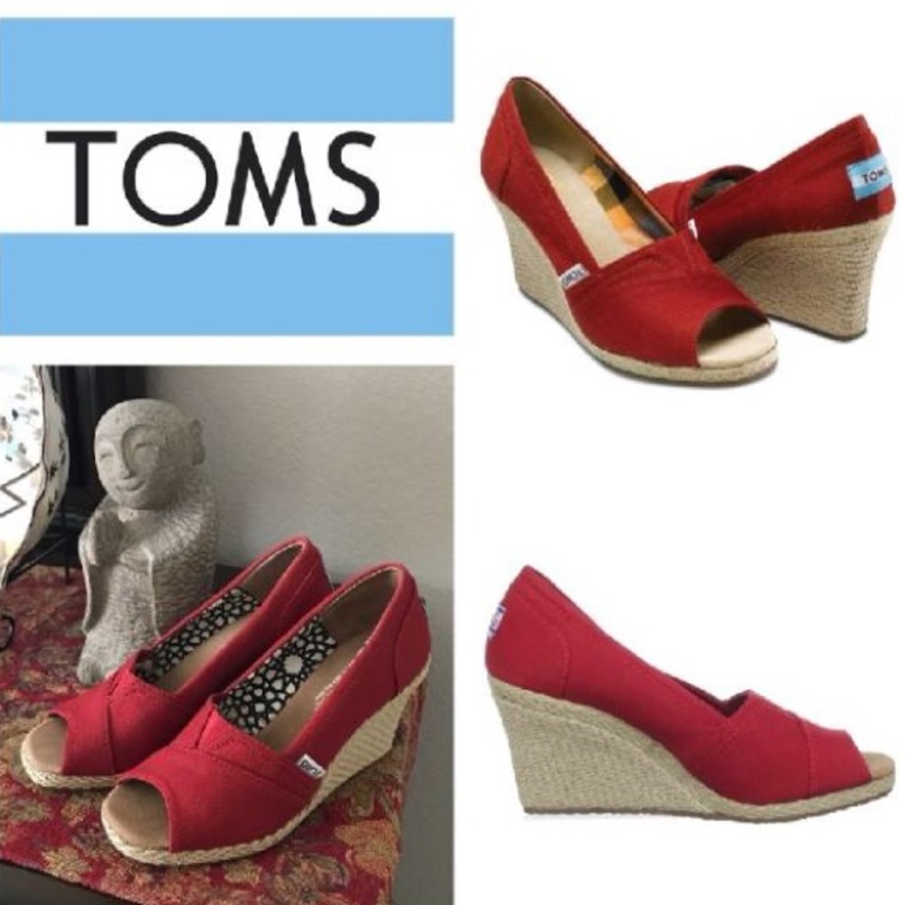 Toms Canvas Peep Toe Espadrille Wedges